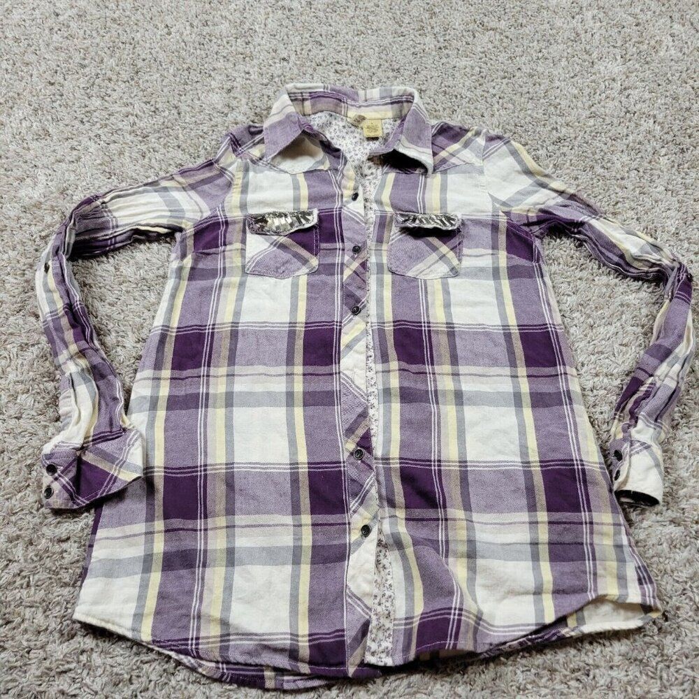 BKE Shirt Womens Small Button Up Flannel Plaid Abstract Western Roll Tabs Flaw*